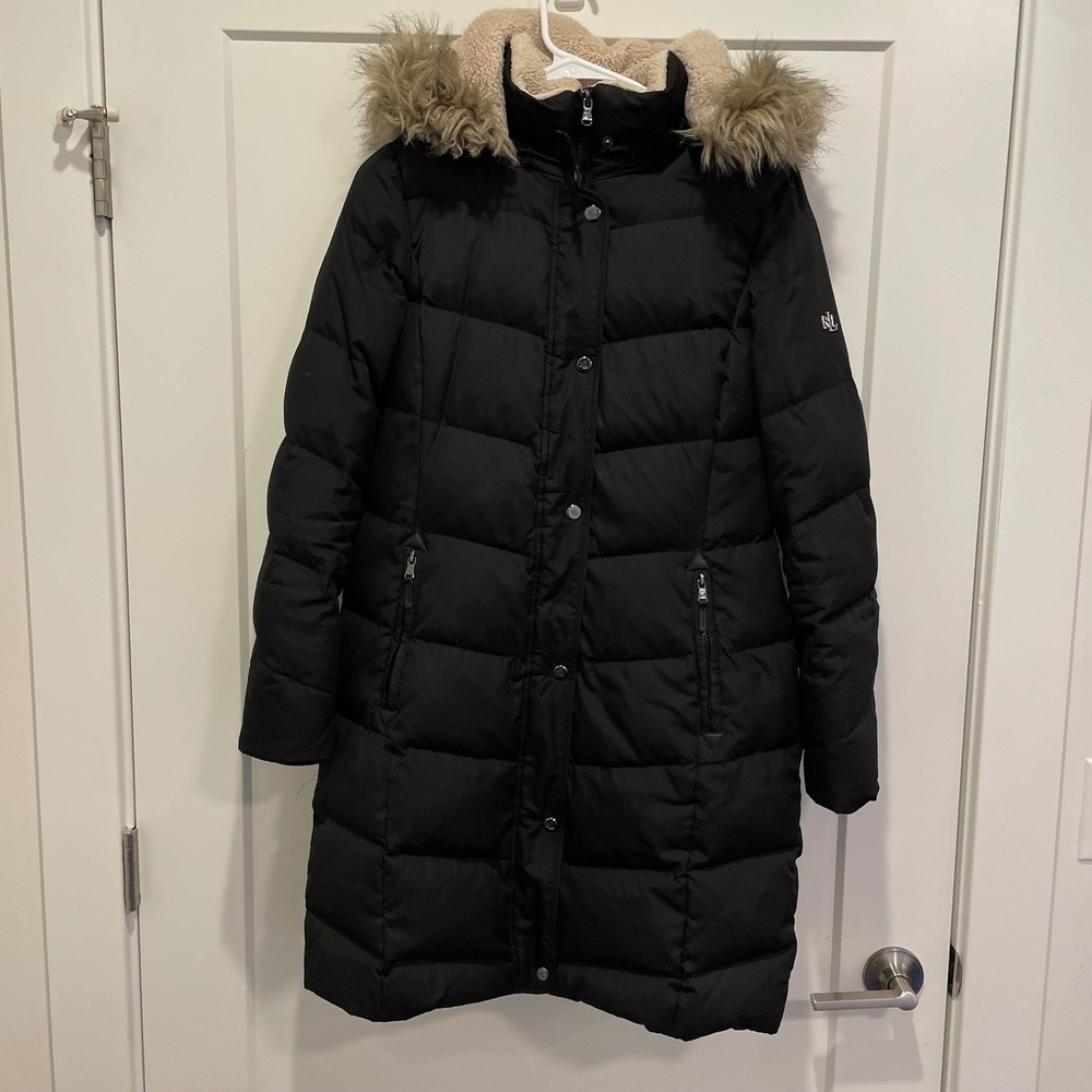 Lauren Ralph Lauren Black Puffer Coat Faux Fur Hood Sherpa Lined Parka Petite S